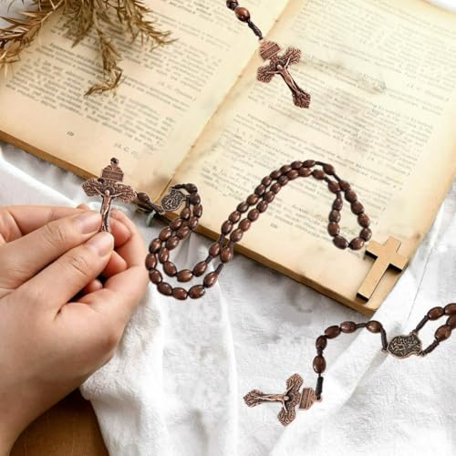 Bovemee Saint Benedict Medal Prayer Pocket Rosary Catholic Brown Wood Beads with Medalla de san benitol and Crucifix, 9 Inch Brown SaintArchange NK