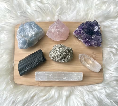 CRYSTALYA Premium Raw Crystals and Healing Stones in Wooden Gift Box Set + 50pg EBOOK + Info Guide – 7pcs Large 2-2.5” Natural Raw Crystals, Collection, Yoga, Reiki, Made in U.S.A