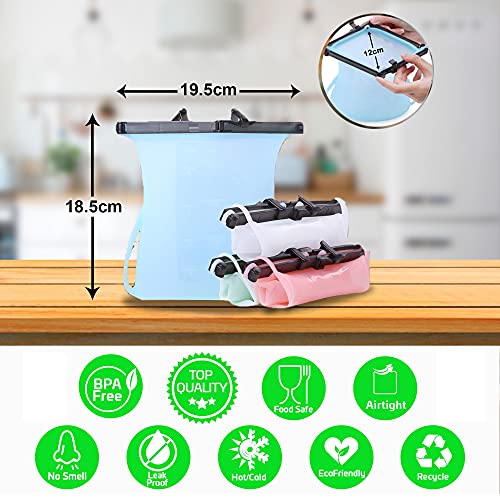 Reusable Silicone Food Bag Odorless Dishwasher Safe No Pop Open Leakproof Snack Bags Stand-Up Easy Dry Flat Bottom Freezer Food Storage Bag Best Ziplock Bags Alternative For Meats, Marinates 33 Oz Purple + Orange + Yellow + Clear