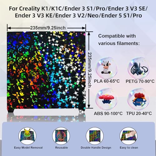 IdeaFormer Smooth Rainbow Confetti+Galaxy PEF Pressure Plate 235 x 235 mm, Spring Steel PEF Build Plate No Magnetic Print Bed for Creality K1C/K1/K1 SE/Ender 3 V3 SE/KE/Ender 3 S1/Pro/Ender 5 S1 235x235mm PEF (Rainbow Confetti+Galaxy)