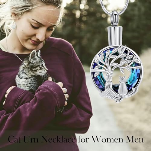 zeqingjw Cat Cremation Jewelry Urn Necklace for Ashes for Pet,Funeral Ashes Keepsake Urn Necklace Pendant Memorial Jewellery Silver-Blue
