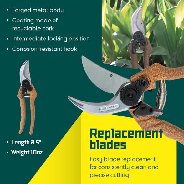 BERGER Pruning Shears – Professional 11" Garden Hand Pruners with Forged Steel Body, Self-Sharpening Blades, Recycled Cork Grip Handle, Gardening Clippers – C1200