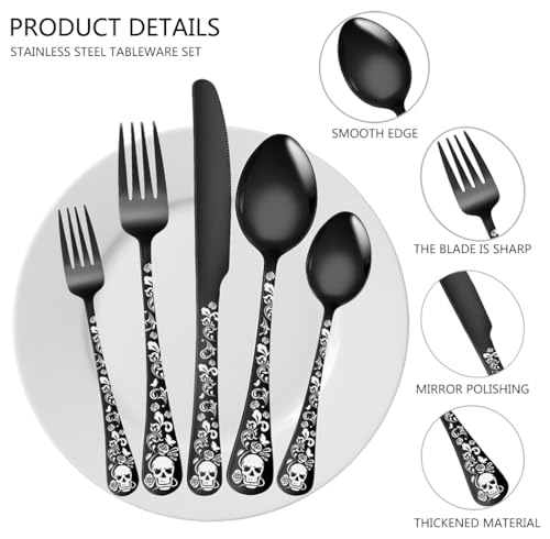 XIAOYU 20-Piece Bizarre Flatware Set, Gothic Skull Silverware Set for 4, Skeleton Flower Unique Pattern Design, Knives/Forks/Spoons Cutlery Set Halloween Event Tableware Utensils, Black
