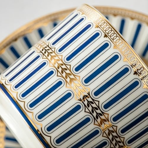 8.45oz European Ceramic Coffee Cup & Saucer Set of 2 with Handle & Gold Spoons, Stripe with Gold Accents, for Latte, Tea, Cappuccino, Gift Boxed for Tea Party, Housewarming Gift (two blue) two blue