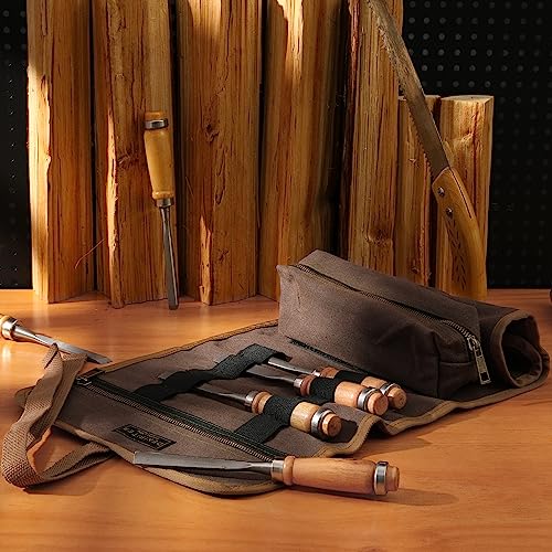 Denifiter grey waxed canvas tool bag with roll-up pouch, detachable tool pouch, and zipper pockets