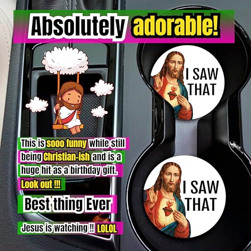 Funny Car Coasters for Cup Holders, 2 Pack Jesus I Saw that Car Accessories