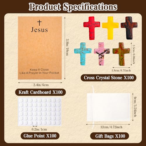 100 Pack Cross Crystal Stone Bulk Set with Greeting Cards & Gift Bags, Natural Crystal Pocket Hug Tokens, Religious Keepsake Gifts for Friends, Family, Bible Study Group