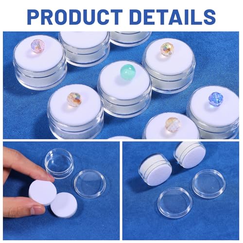 CHGCRAFT 50 Pcs Mini Round Stone Box Small Loose Diamond Gemstone Display Case with Clear Top Lids and Sponge, White, 1.2×0.7 Inch