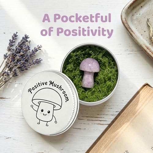 Amethyst Crystal Mushroom in Tin Box, Emotional Support Mushroom, Mushroom Trinkets & Gifts, Healing Crystal Gifts for Women, Spiritual Gift Set with Positive Message (Purple) Purple