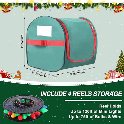 Christmas Light Storage Bag - Tear Proof 600D Oxford Fabric/Internal PVC Material with Reinforced Handles - With 4 Reels Stores up to 500 Ft Holiday Mini Christmas Tree Lights & Extension Cords,Green Green