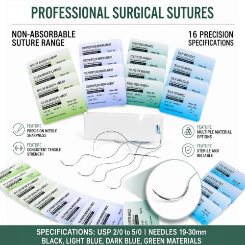 40 Pieces Suture Material, Suture Material, 4 Materials, 2/0, 3/0, 4/0, 5/0, Ideal Suture Exercise Thread for Students, Needle and Thread Set, Refill Pack for Surgical Suture Set