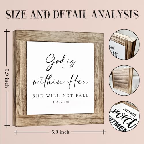 Christian Wooden Sign, Psalm 46 : 5 Decor, God is Within Her She Will Not Fall, Inspirational Wood Signs, Square Wood Block Sign Table Decor, Funny Office Desk Signs 5.9x5.9 Inches