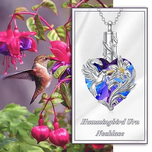 VONALA Hummingbird Urn Necklace for Ashes S925 Sterling Silver Hummingbird Cremation Jewelry for Ashes for Women Hummingbird Memory Ashes Keepsake Necklace for Loss Loved Ones Women Purple