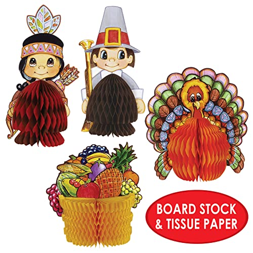 Beistle 4 Piece Thanksgiving Decorations Mini Pilgrim And Turkey Table Centerpieces For Fall Autumn Party Décor