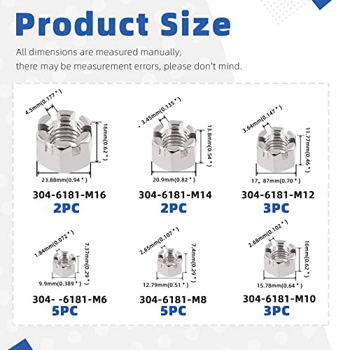 Glarks stainless steel hexagon slotted nuts assortment kit in six sizes M6–M16 for car, motorcycle, and furniture repairs