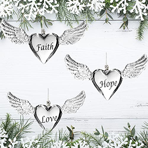 Faith Hope Love Angel Wings Ornaments Set of 3 – Heart Shaped Inspirational Hanging Décor – Christmas Tree Ornaments or Year-Round Memorial & Spiritual Home Decor – 4 Inch Keepsake Gifts