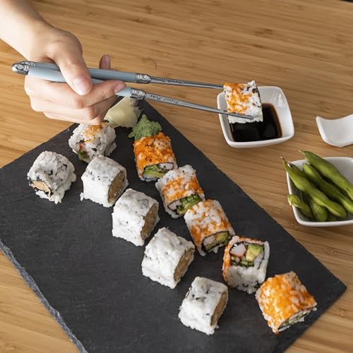 French Home Mother of Pearl Color Chopsticks, Rests & Sauce Bowls, 4 Pairs Pewter, Pale Blue, Seafoam Green, and Silvery Gray 12-Piece Set