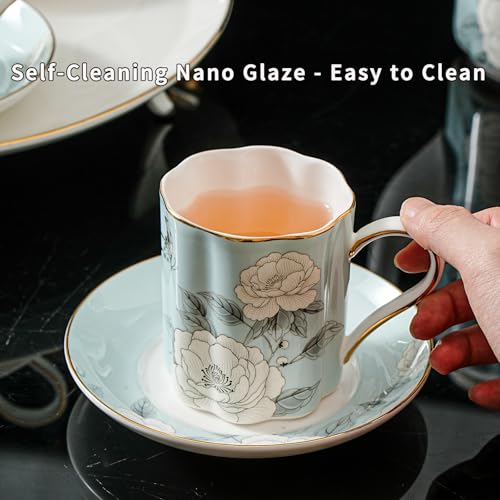 Floral Tea Cup and Saucer Set, Bone China Cup and Saucer with Spoon, Elegant Porcelain Coffee Cup with Gold Trim, Food Grade Coffee Mug for Women, Tea Party, Gifts Giving, 8.5 oz