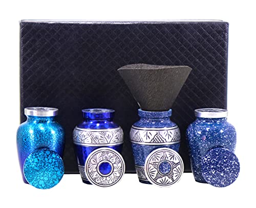 Blue Small Urns for Human Ashes Female Male | Set of 4 Premium Mini Keepsake Urns with Four Velvet Bags A Paper Funnel and A Stunning Magnet Closer Gift Box Blue