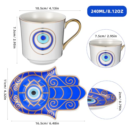 Zerodeko Evil Eye Cup with Saucer 2-pack Porcelain Tea Mug Set Microwave and Dishwasher Safe Anti-Scald Handle 4.13 X 5.90 X 2.95 in for Home Office Tea Coffee Milk
