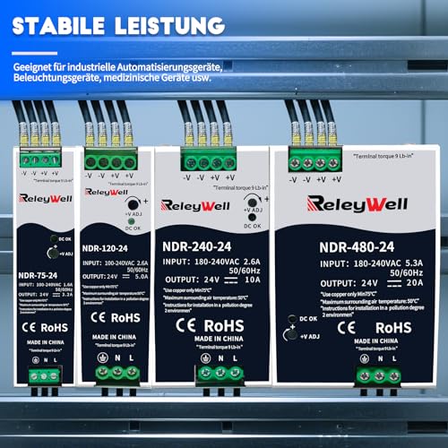 DIN Rail Power Supply 24V, 120W, 5A | Transformer 230 V to 24 V, DIN rail, 24 VDC, 24 volt power supply, 24 V DC transformer, DIN rail, ReleyWell, NDR-120-24 120Watt