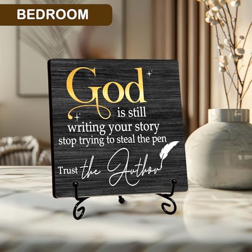 Black Christian Desk Decor, God is Still Writing Your Story Sign, Bible Verse Small Decor for Shelves, Inspirational Christian Gift for Woman Men, Religious Table Decorations-5''x5'' black gold