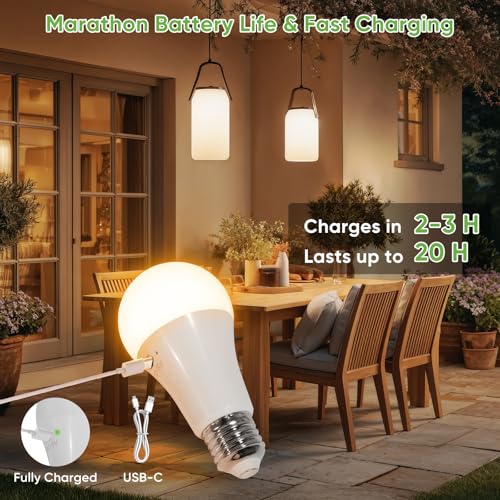 Kimjo 7W E27 Rechargeable Bulb with Battery, 3 Colors, Pack of 2 | Rechargeable Light Bulb with Remote Control, Camping Lamp, Battery Lamp with Hook, USB, Dimmable, Button Control, Outdoor Emergency Light