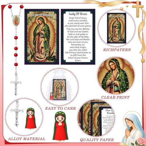 40 Pcs Our Lady of Guadalupe Mini Resin Figurines with Blessed Mother Virgin Mary Catholic Religious Prayer Cards Rosary Necklaces Organza Bags Baptism Favor Guest Gift for Party (Mary,Red) Red 40