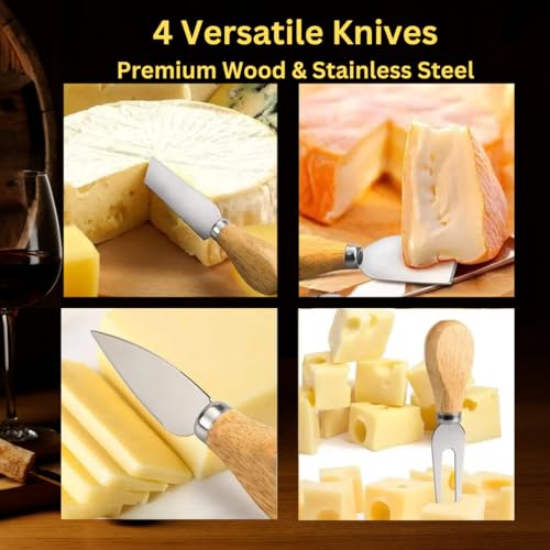 8" Round Wood Cheese Board Set with 4 Stainless Steel Knives & Hidden Drawer - Small Charcuterie Board with Juice Groove for Entertaining, Gifts, Picnics & Travel
