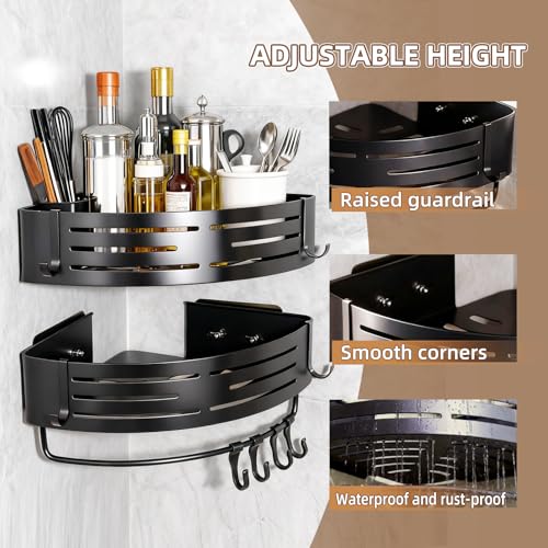 Black adhesive corner shower caddies by Abelloly, 2-pack, aluminum shelves for bathroom storage, no drilling required.