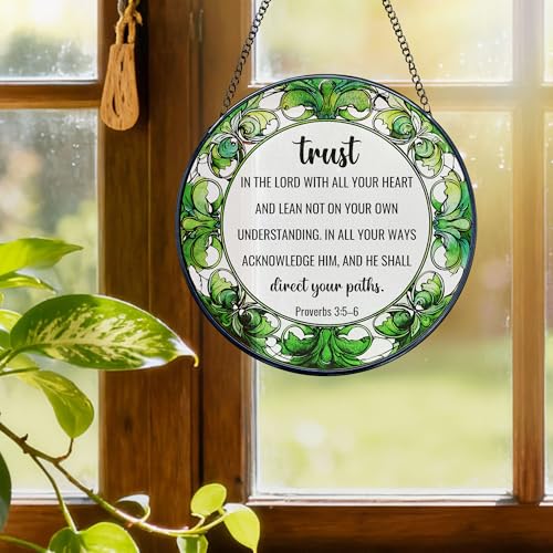 Christian Stained Glass Window Hanging, Bible Verse Suncatchers, Religious Scripture Proverbs 3:5-6 Sun Catchers Indoor Window Round Glass Wall Art Hanging Decorations, 7.9x7.9in Trust