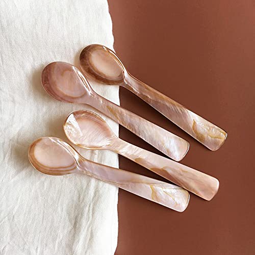 i-lan 8 Pack Pink Mother of Pearl Spoon Fork with Natural Patten,5 Inch Stunning MOP Caviar Spoon with Beautiful Shine, Finely Handmade Decorative Spoon Serving Set for Egg,Icecream,Desert,Moisturizer