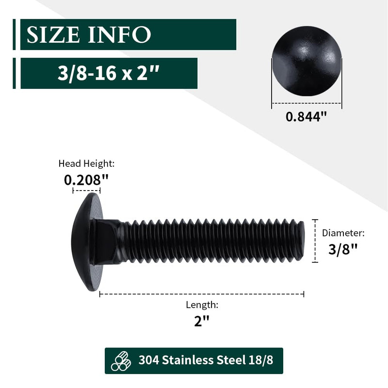 [Australia - AusPower] - 3/8-16 x 2 (10 Sets) Carriage Bolts Black, 304 (18/8) Stainless Steel Carriage Screws with Hex Nuts and Flat Washers, Square Neck Round Dome Head, Coarse Thread 3/8-16 x 2" 