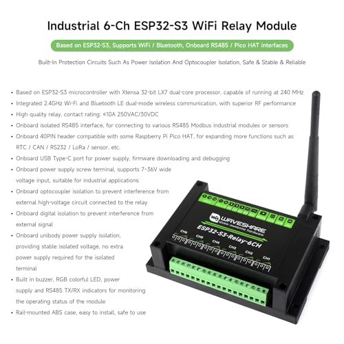 Waveshare Industrial 6-Channel ESP32-S3 WiFi Relay Module, Onboard RS485/Pico Hat Interfaces, with Multiple Insulation Protection Circuits, Industrial-Grade, Rail-Mount Case