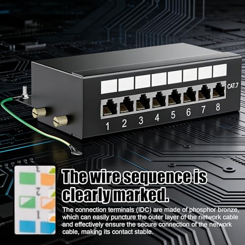 CAT 7 Patch Panel Distribution Panel, 8 Port Patch Panel Distribution Panel, Gold-Plated Patch Panel, Includes Cable Ties, 8-Port Patch Panel with RJ45 Sockets for Network for Wall Mounting and Home