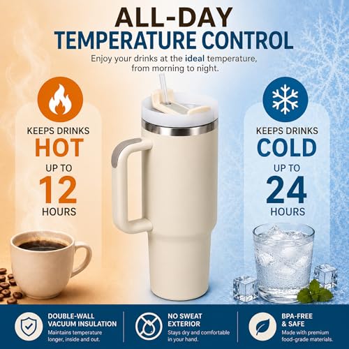 40 oz Insulated Tumbler with Handle and Straw, Double Wall Vacuum Insulated Stainless Steel Travel Mug, BPA Free, Cup Holder Friendly, Beige