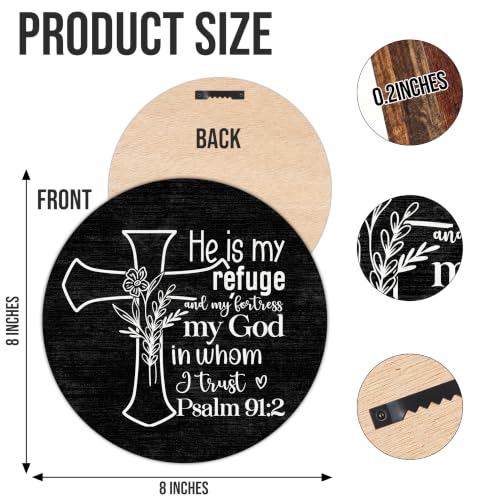 Inspirational Scripture Round Wooden Sign, Psalm 91:2 Bible Verses Christian Wall or Desk Decor, Rustic Farmhouse for Home Office, Religious Gift for Women & Men -A26