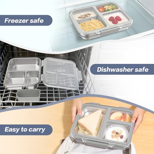 Stainless Steel Bento Box for Kids, 3-Compartment Metal Lunch Box with Clear Lid & Removable Silicone, Lunch Box Kids with Silicone Inner Container for Meal Prep, School, Office (Grey) Grey