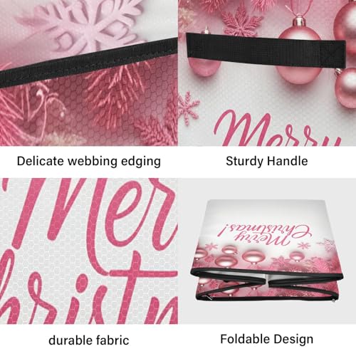 Merry Christmas Pink Christmas Ornament Storage Box with Dividers, Holds up to 64-3" Holiday Ornaments, Collapsible Xmas Decoration Container with Lid & Handles, 13x13 Inch