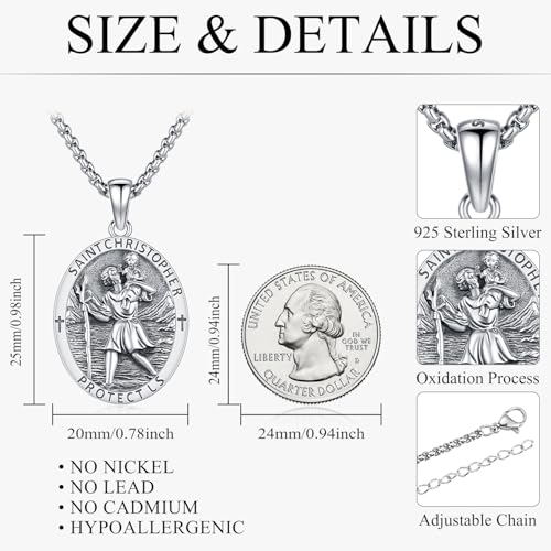 925 Sterling Silver Saint Religious Necklace for Men Women B11-Saint Christopher-Oval-Silver