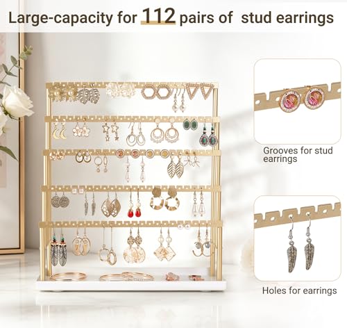 Mkono 5-tier gold jewelry holder organizer with tray for earrings and necklaces, jewelry display stand with multiple tiers.