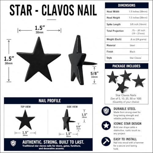 1.5-inch black star clavos nails, hand-forged iron decorative hardware for doors, gates, beams and rustic furniture
