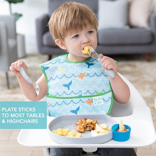 Bumkins - Silicone Grip Plate, Fork & Spoon & Lid - For Ages 18 Months+ - Suction Base - 100% Food-Safe Silicone - Oven, Microwave, Freezer, & Dishwasher Safe - Gray