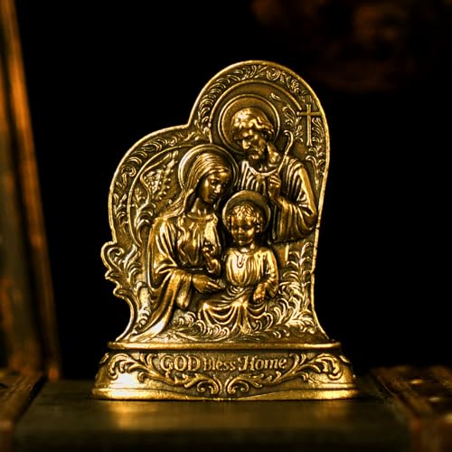 CHOVY Holy Family Statue Solid Brass, 100% Solid Brass Joseph Mary Jesus Figurine, Handcrafted Catholic Desk Ornament for Home & Office, Unique Religious Gift for Baptism, First Communion, Wedding