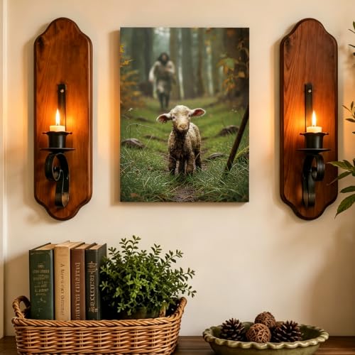 AKTESRACH Jesus Leaves the 99 Sheep Wall Art, Christian Canvas Wall Decor, Jesus and Lamb Religious Painting, Biblical Scripture Wall Art for Living Room, Spiritual Christian Home Decor 12x16in Lost Lamb Jesus 16"L x 12"W