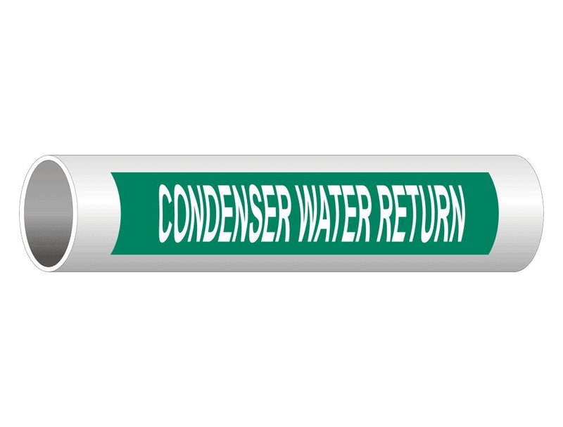 ComplianceSigns.com Condenser Water Return (White Legend On Green Background) Pipe Label Decal, 8x2 inch 50-Pack Vinyl for Pipe Markers