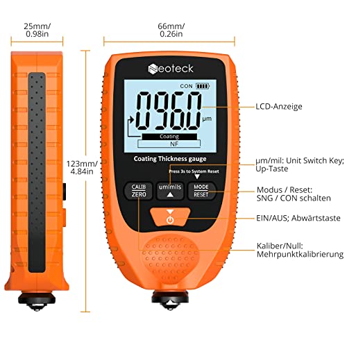 Neoteck Paint Thickness Gauge Car Paint Thickness Gauge with LCD Display for Steel and Aluminum Base Metal 0-1500μm Orange