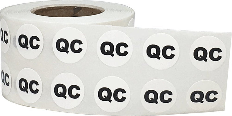 QC Quality Control Stickers – 1/2 Inch Round Adhesive Labels, 1000 Total Stickers Per Roll, White with Black Text for Product Inspection, Manufacturing, and Packaging – Made in the USA