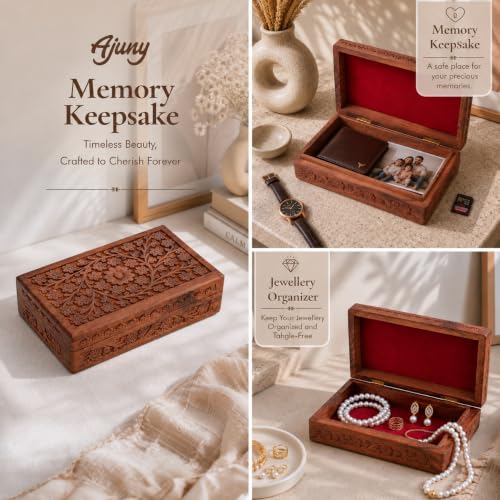 Ajuny Wooden Handcarved Decorative Jewelry Storage Box Flower Design Multipurpose Treasure Chest Keepsake Organizer Necklaces Watch Boxes Great for Gifts 10x6 Inch 10 x 6 Inch