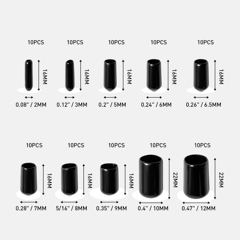 [Australia - AusPower] - UTSAUTO 100Pcs Flexible Rubber End Caps 10 Most Popular Size Round Screw Thread Protectors Black Vinyl Blot Protector Safety Caps Kit for Tube Screw Bolt (2mm,3mm,5mm,6mm,6.5mm,7mm,8mm,9mm,10mm,12mm) 